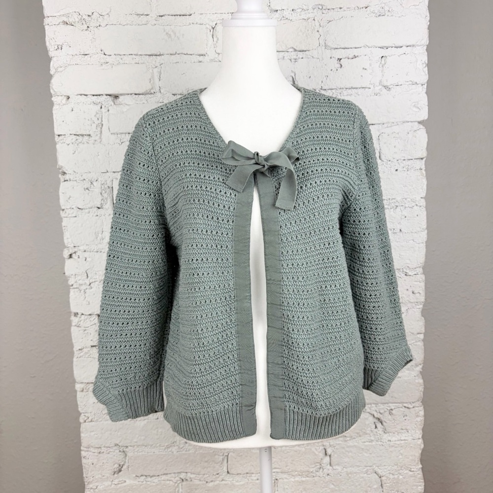 Falconeri Italy Dusty Blue Knit Front Tie Bow Cardigan Sweater Linen Cotton M